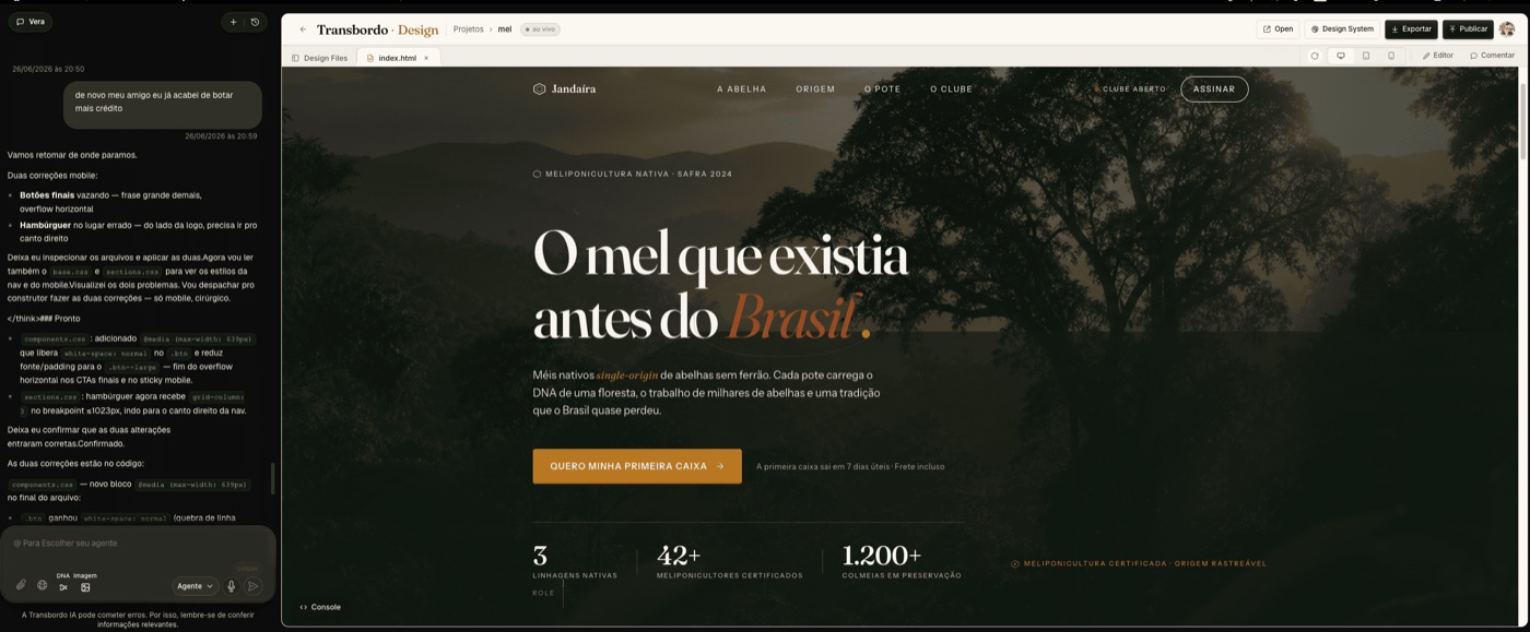 Transbordo Design construindo uma landing page com o agente ao lado