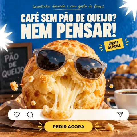 Anúncio de cafeteria com pão de queijo