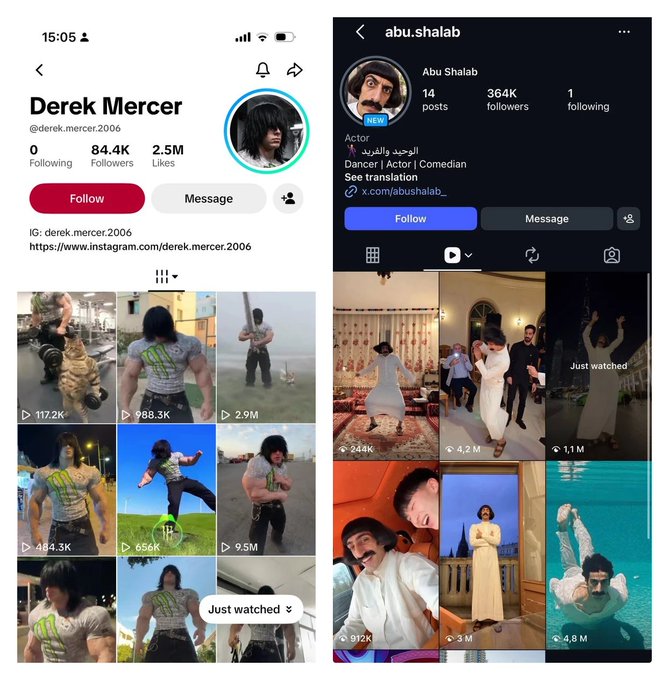 Perfis de Criadores Virais no TikTok e Instagram: Derek Mercer e Abu Shalab com Milhões de Visualizações