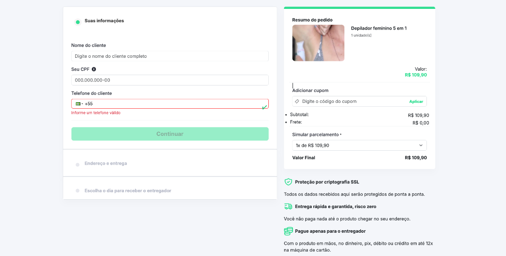 Tela de Checkout - Onde o cliente agenda a entrega.